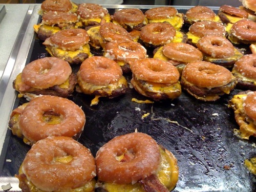 The Luther Burger: Beef patty, bacon, cheese, and mayo, between a dericious krispy kreme doughnut.      Egg optional.